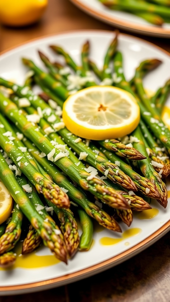 Roasted asparagus with Parmesan cheese on a platter with lemon wedges.